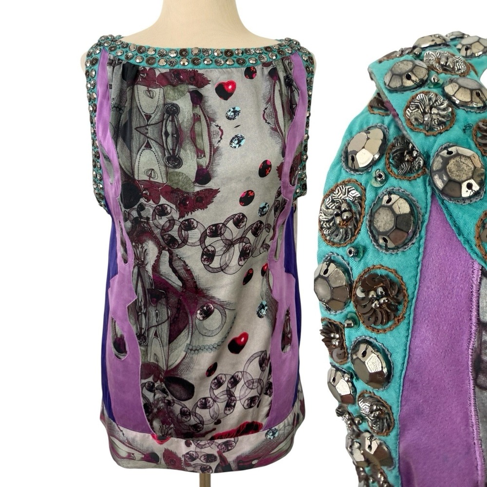 CUSTO Barcelona Lowxury TOP Small 1 100% Silk Beaded Graphic Glam Party Blouson